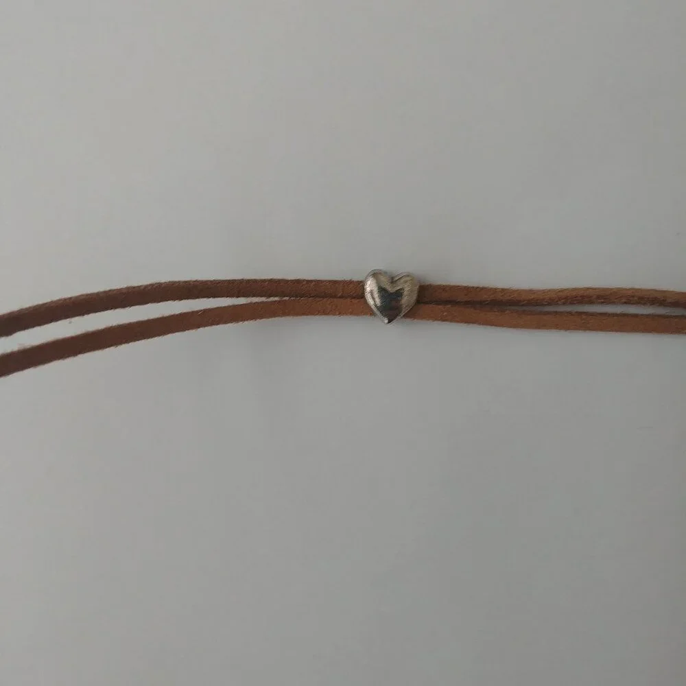 Y2K Brown leather double strand short necklace choker silver heart - Picture 6 of 9